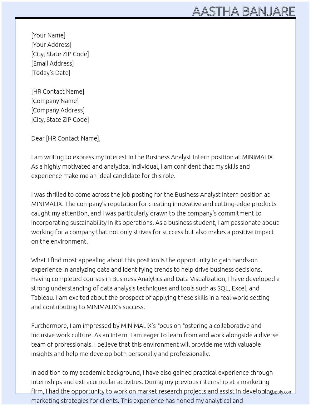 Business Analyst Intern At MINIMALIX Cover Letter