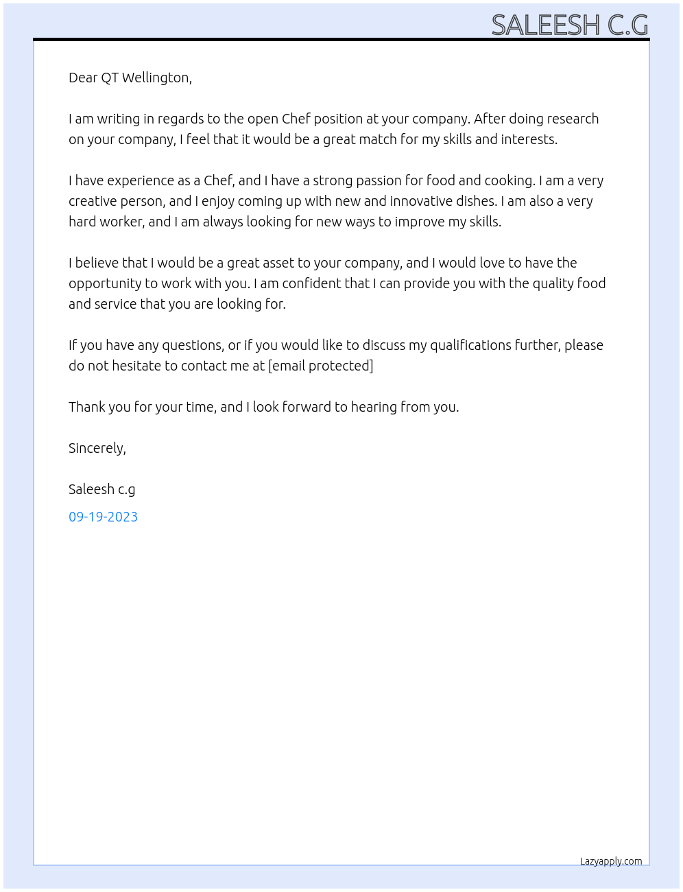 Chef At QT Wellington Cover Letter