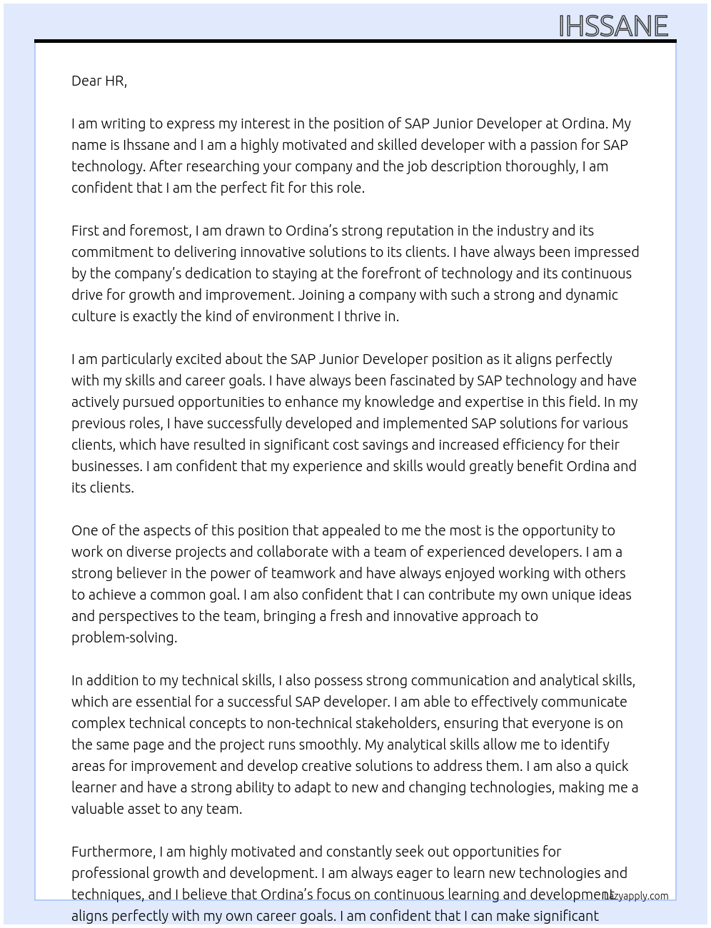 Cover letter for sap junior developer - LazyApply