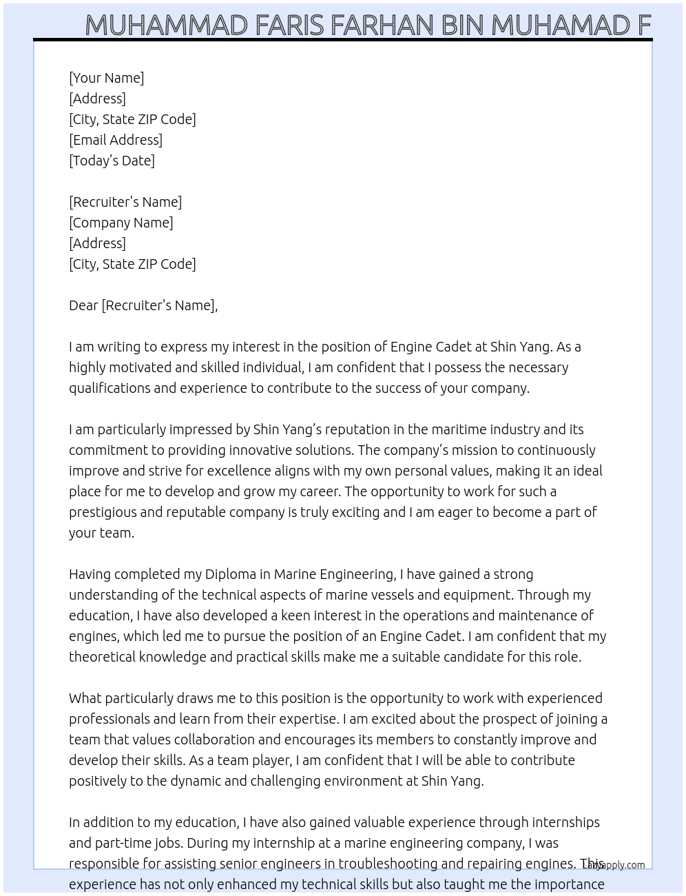 ENGINE CADET  At SHIN YANG Cover Letter