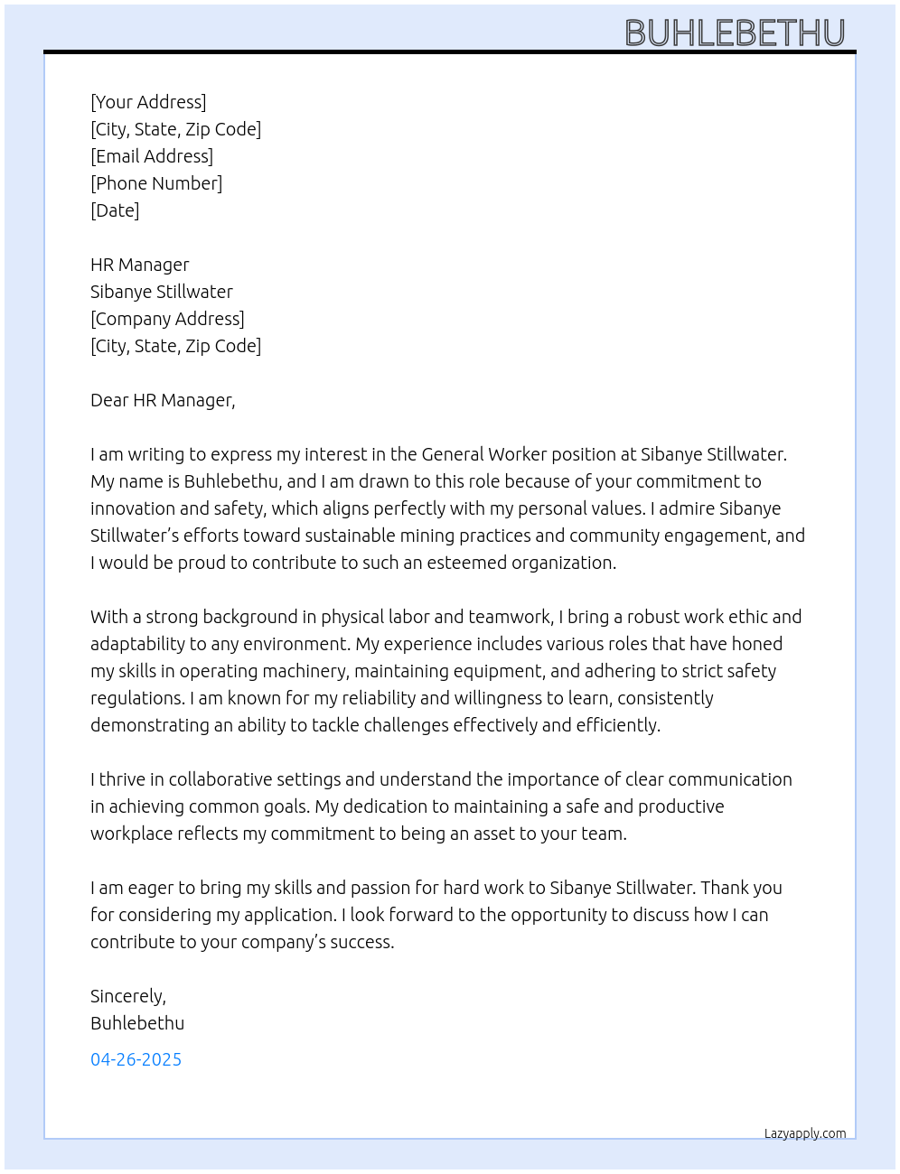 General worker At Sibanye stillwater Cover Letter