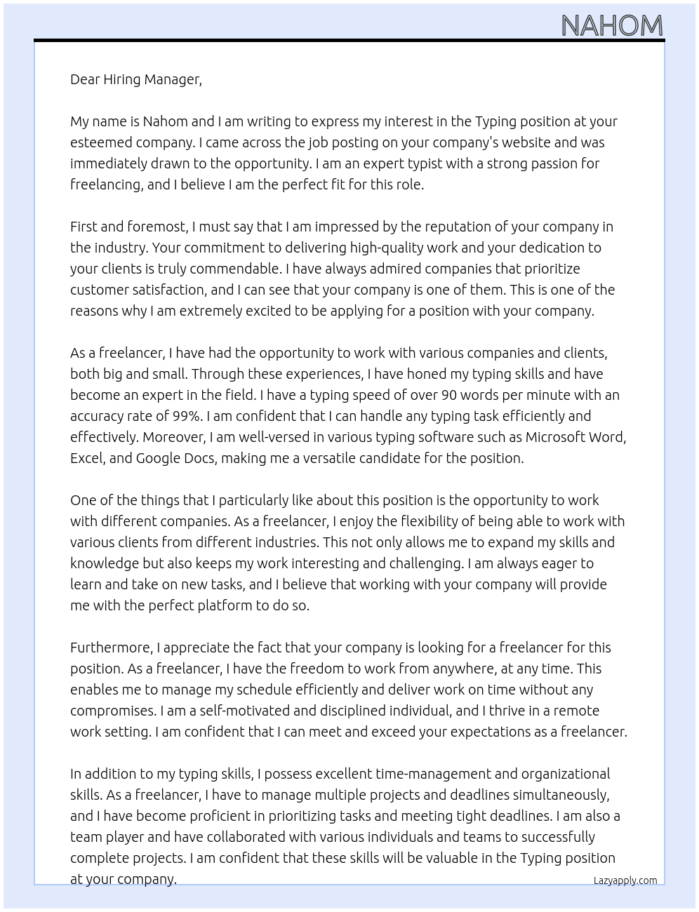 Typing At some companies Cover Letter