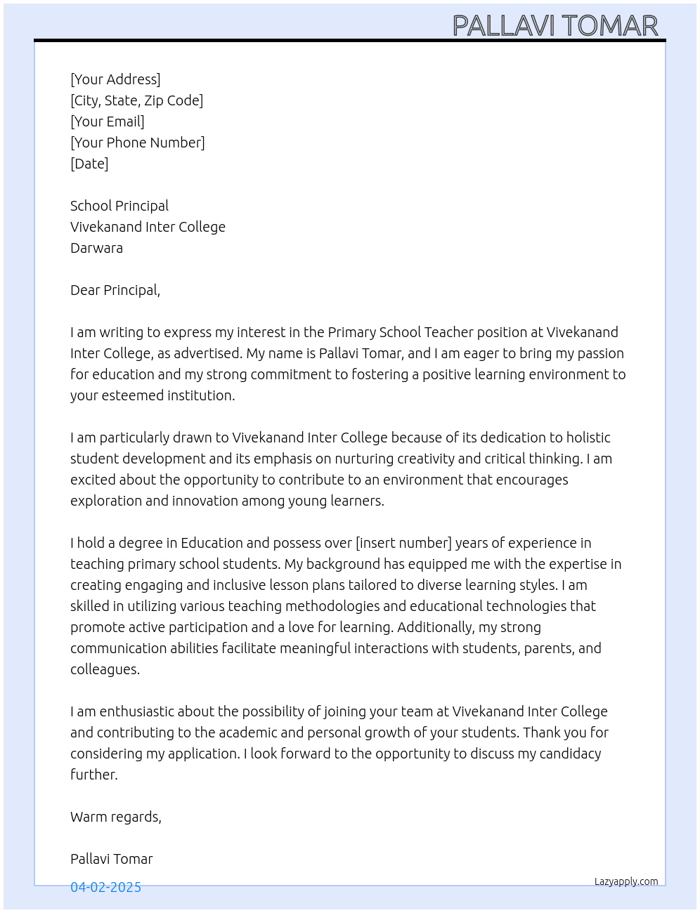 Primary school teacher At Vivekanand Inter College, Darwara Cover Letter