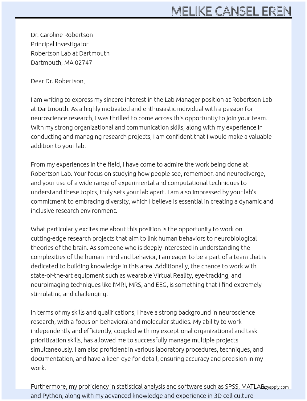 Lab manager At Robertson lab at Dartmouth  Cover Letter