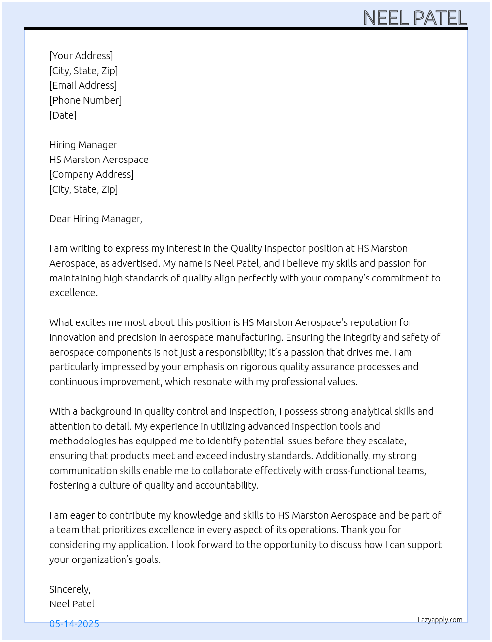 Quality Inspector At HS Marston Aerospace Cover Letter