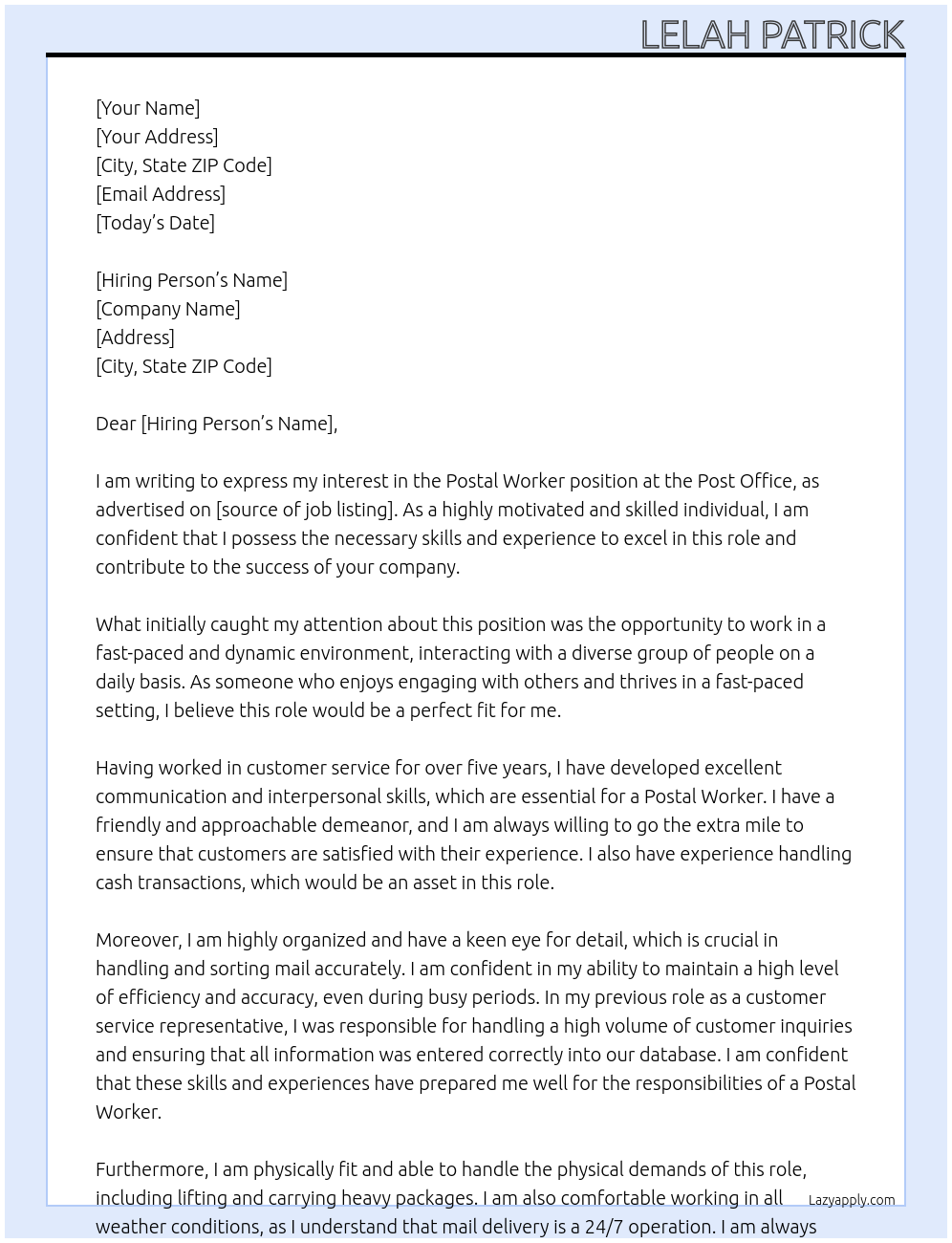 Postal worker  At Post office  Cover Letter