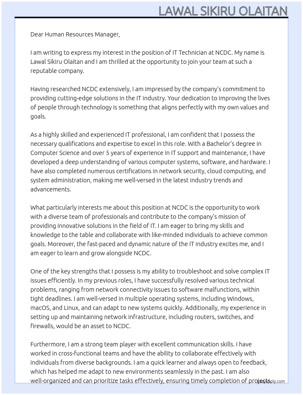 IT Technician At NCDC Cover Letter