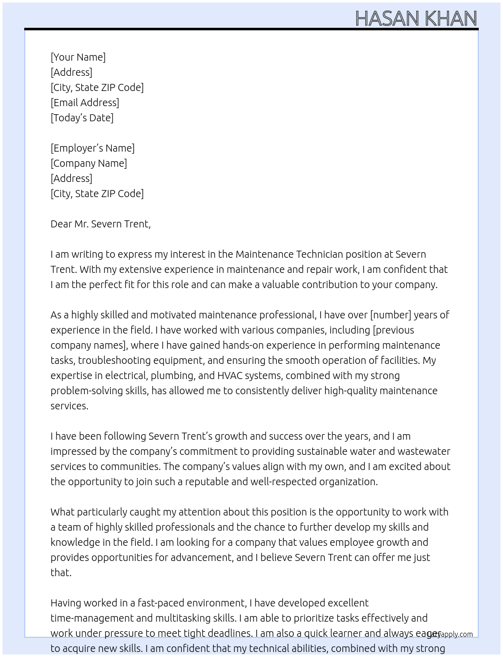 Maintenance Technician At Severn Trent Cover Letter