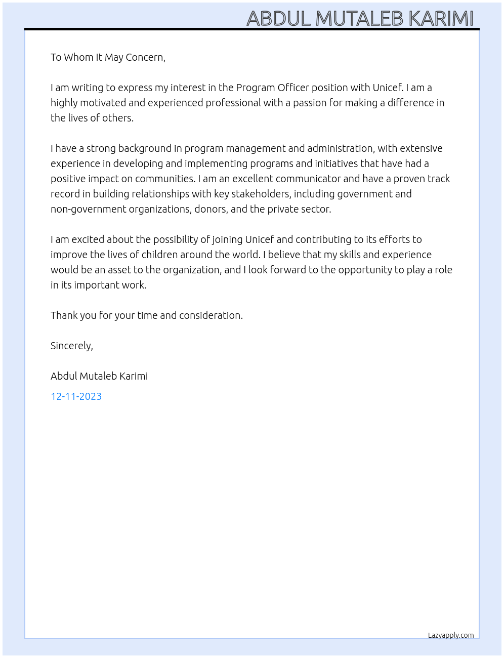 Program officer At Unicef Cover Letter