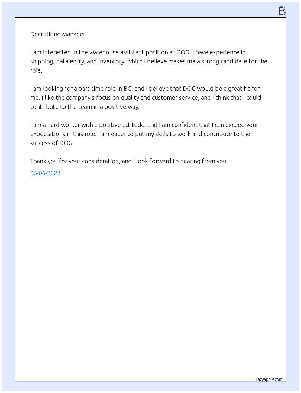 Warehouse Assistant At DOG Cover Letter