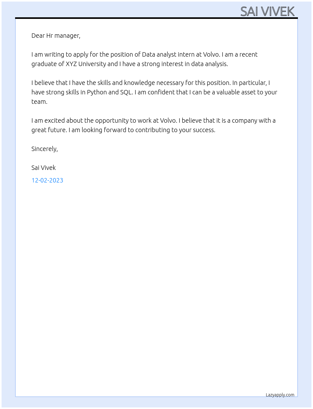 Data analyst intern  At Volvo Cover Letter