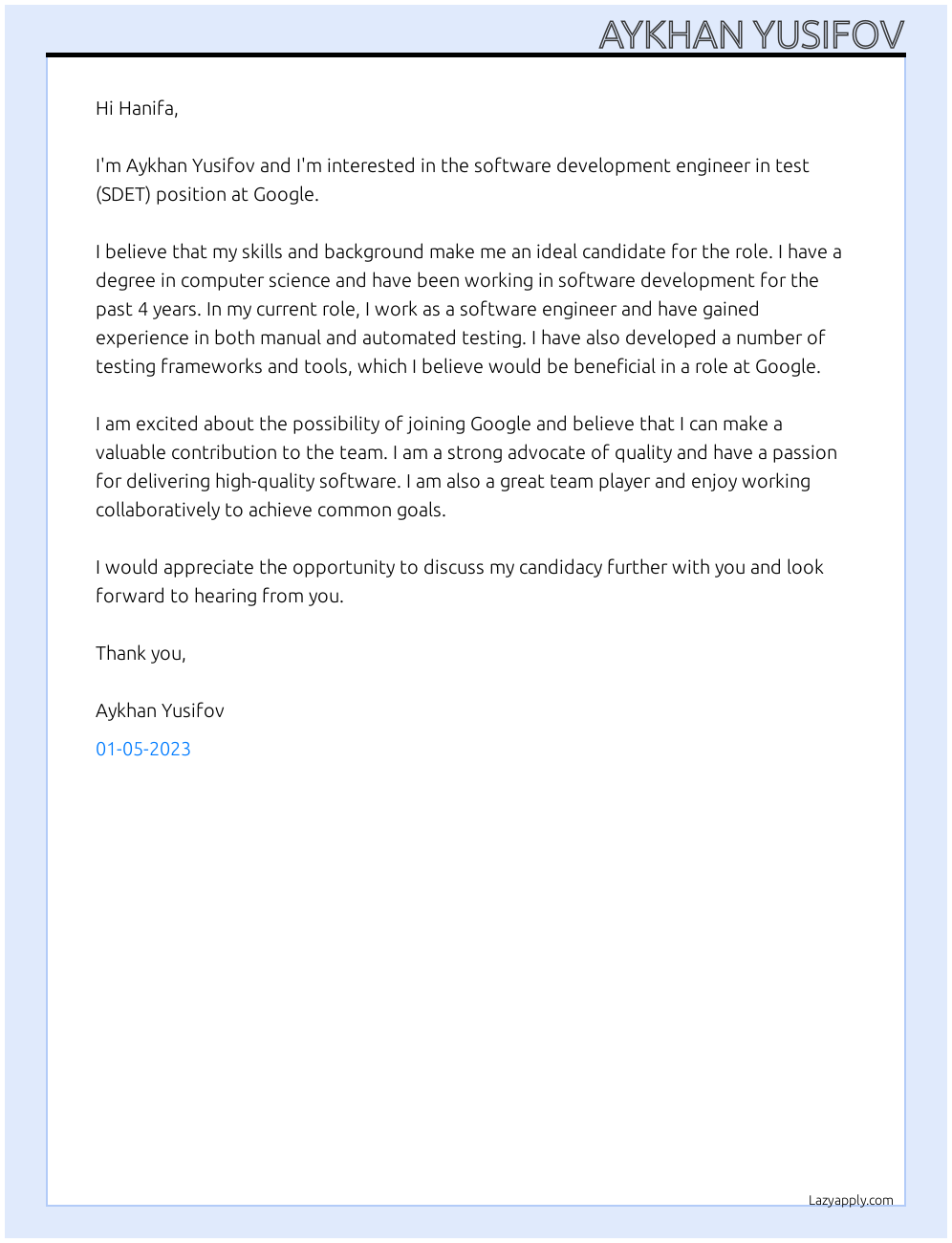 Sdet At Google Cover Letter