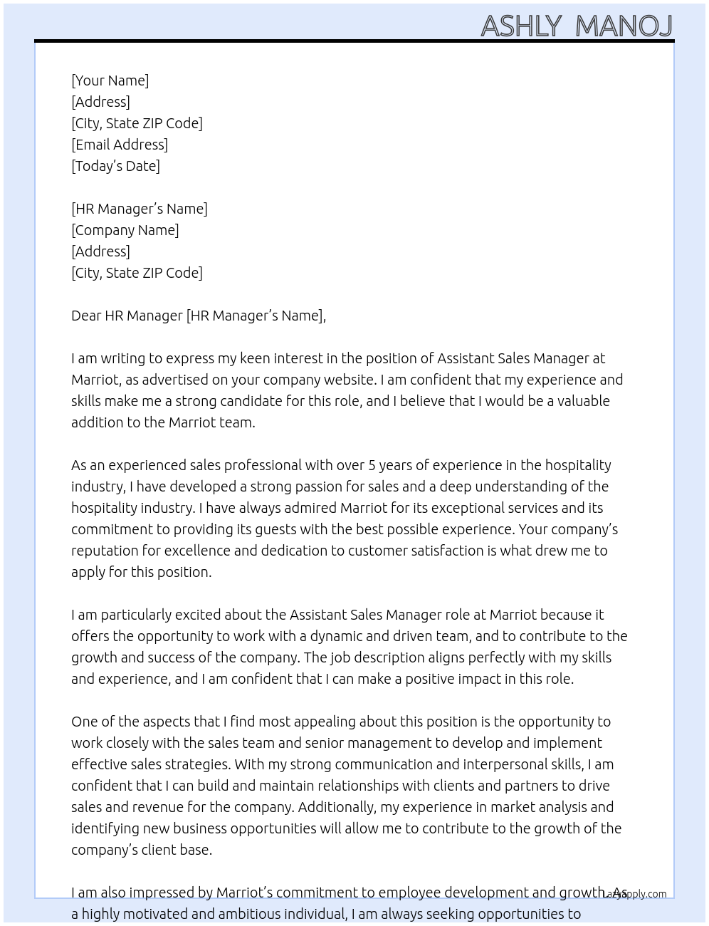 Assistant Sales Manager At Marriot  Cover Letter