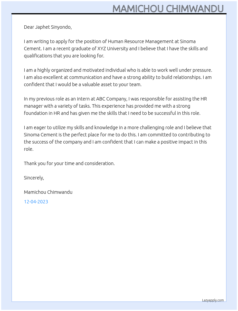 Human resource management At Sinoma cement Cover Letter