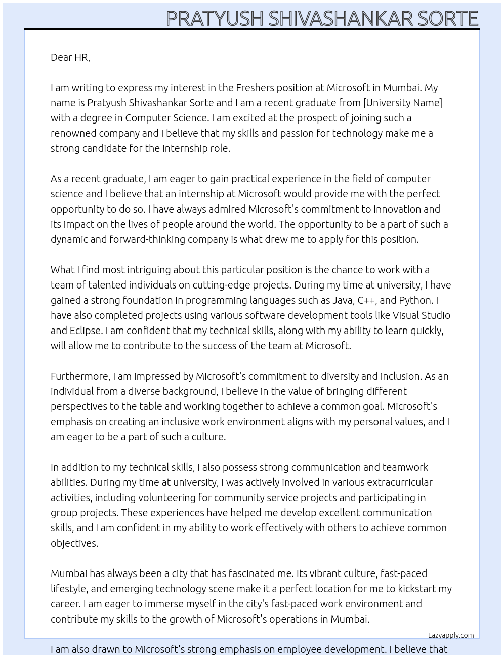 Freshers At Microsoft Cover Letter