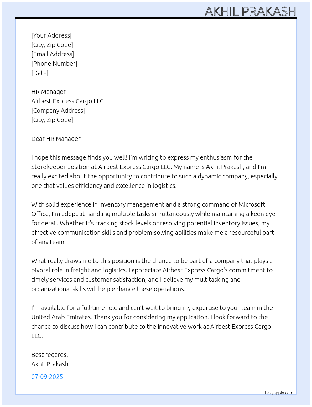 Storekeeper At Airbest Express Cargo LLC Cover Letter