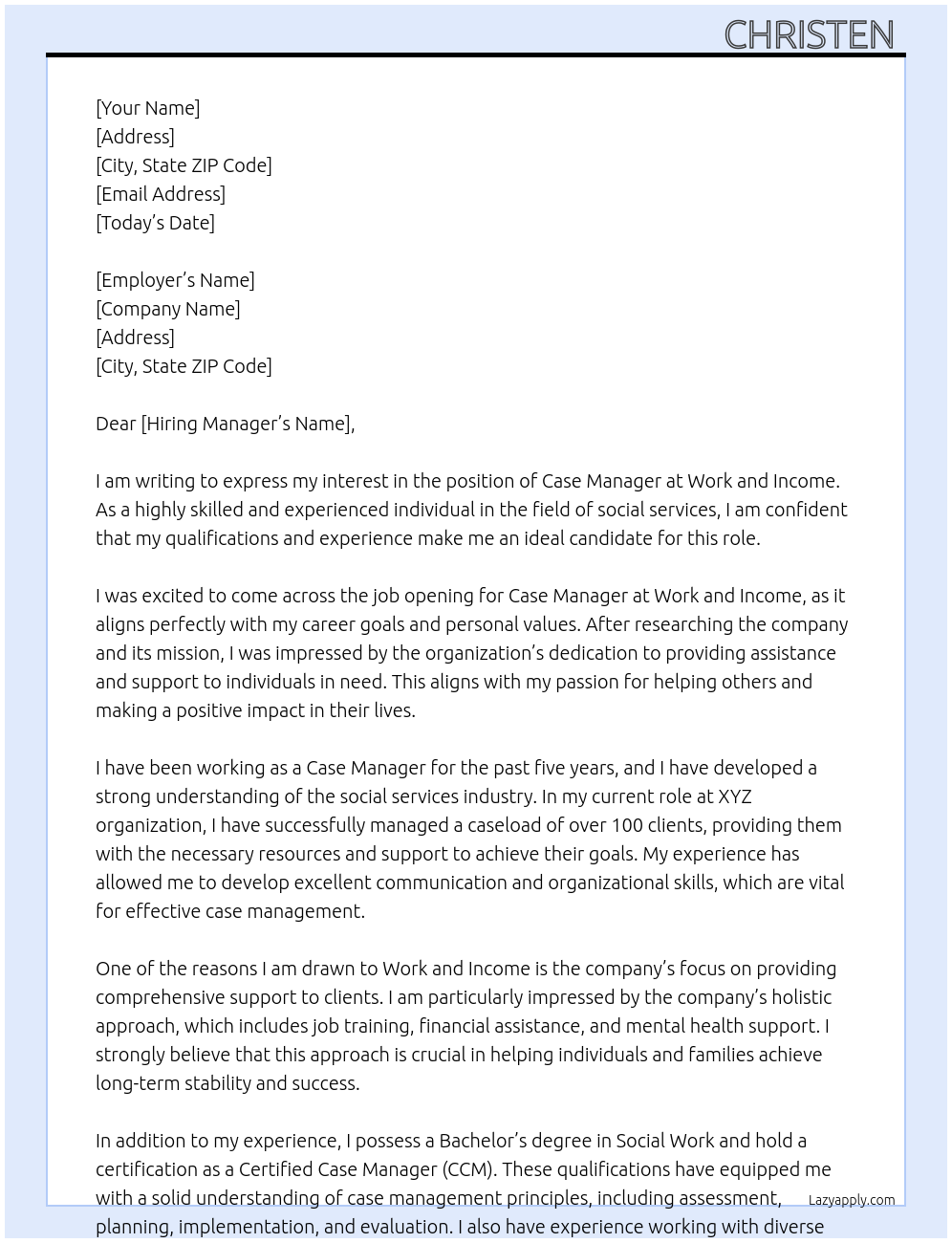 Case manager At Work and income Cover Letter