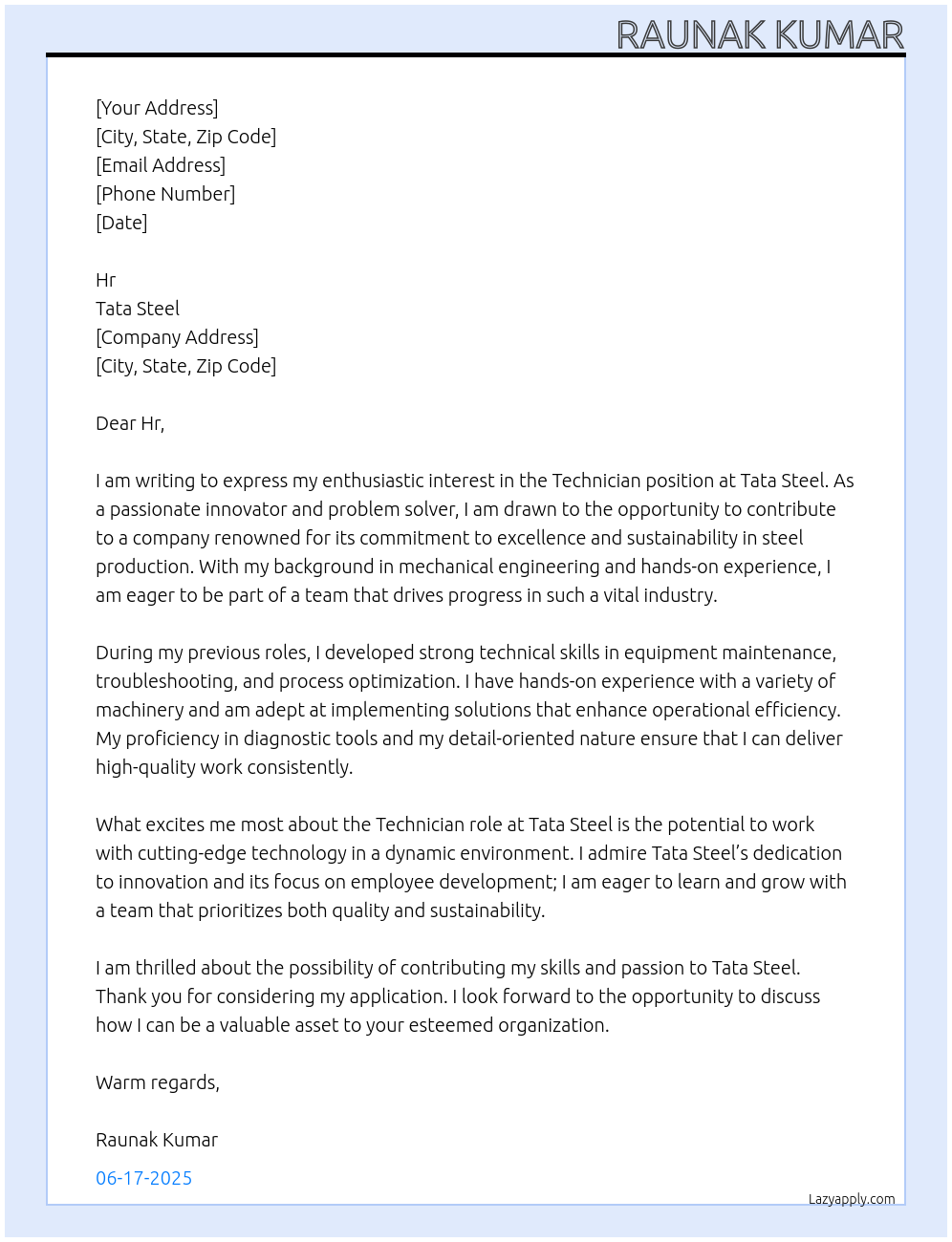 technician At tata steel Cover Letter