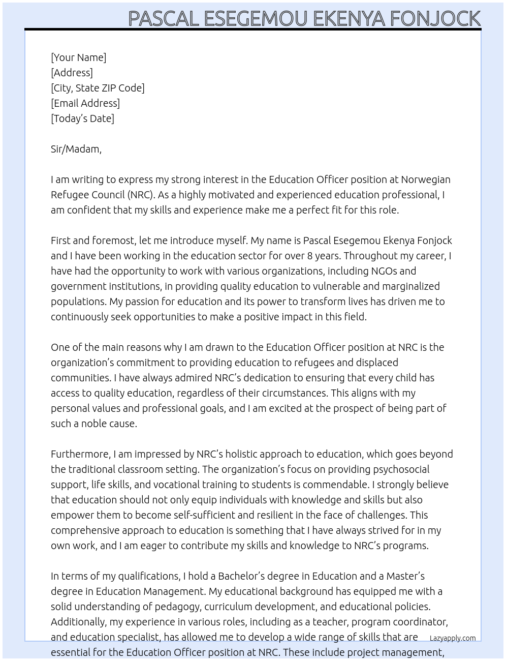 Education Officer At Norwegian Refugee Council NRC Cover Letter