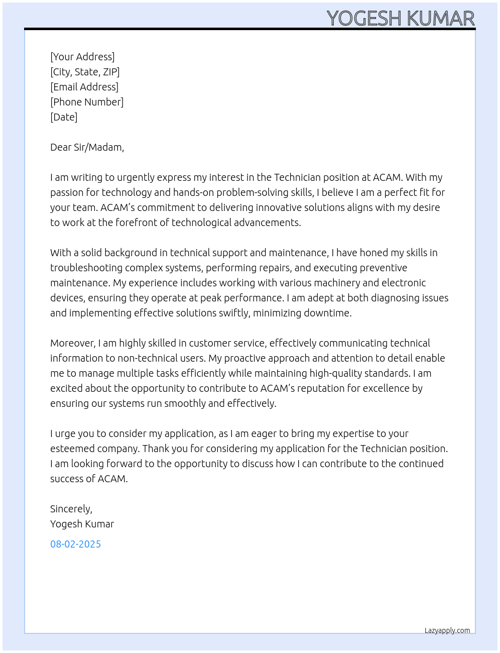 Technician At ACAM Cover Letter