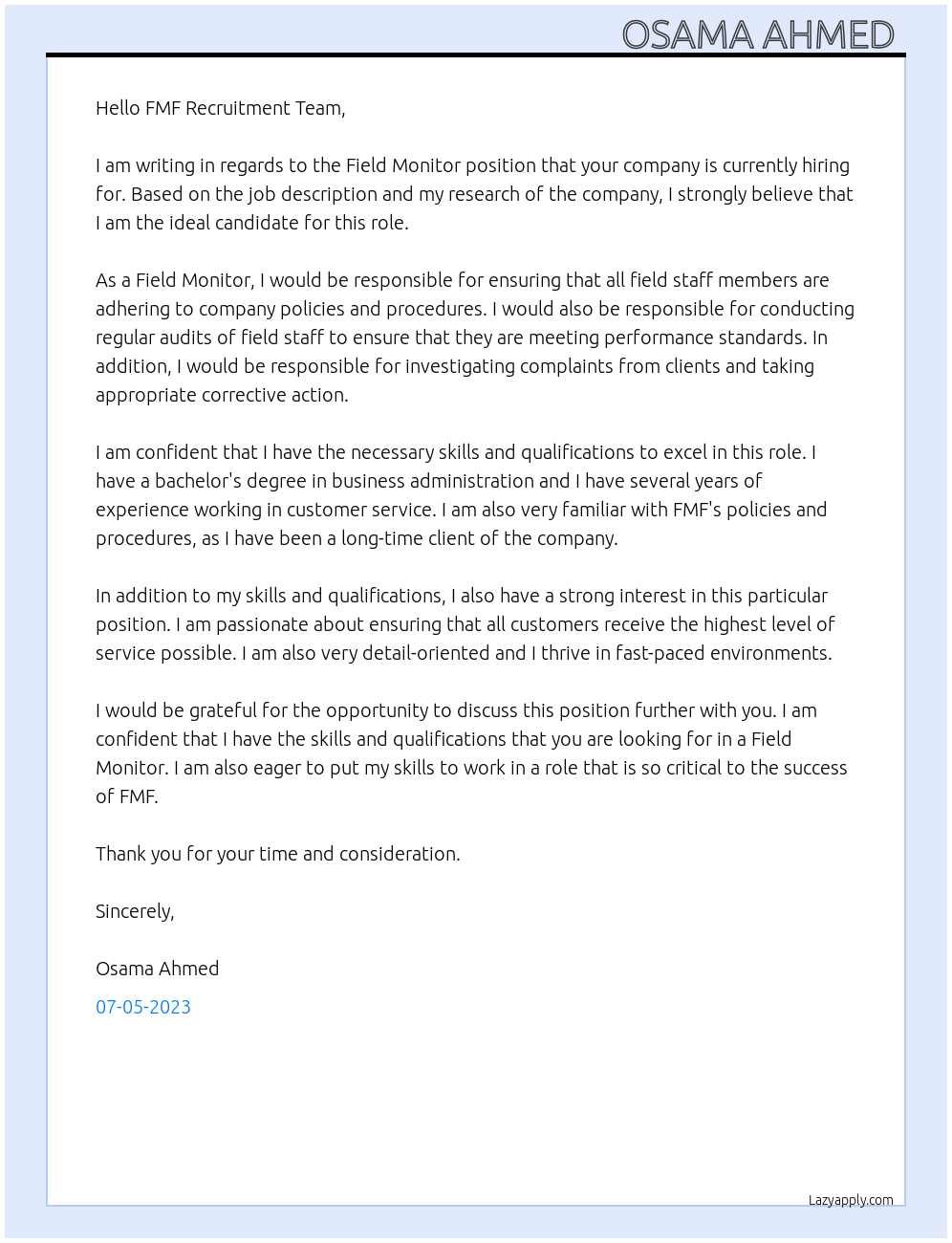 Field Monitor At FMF Cover Letter