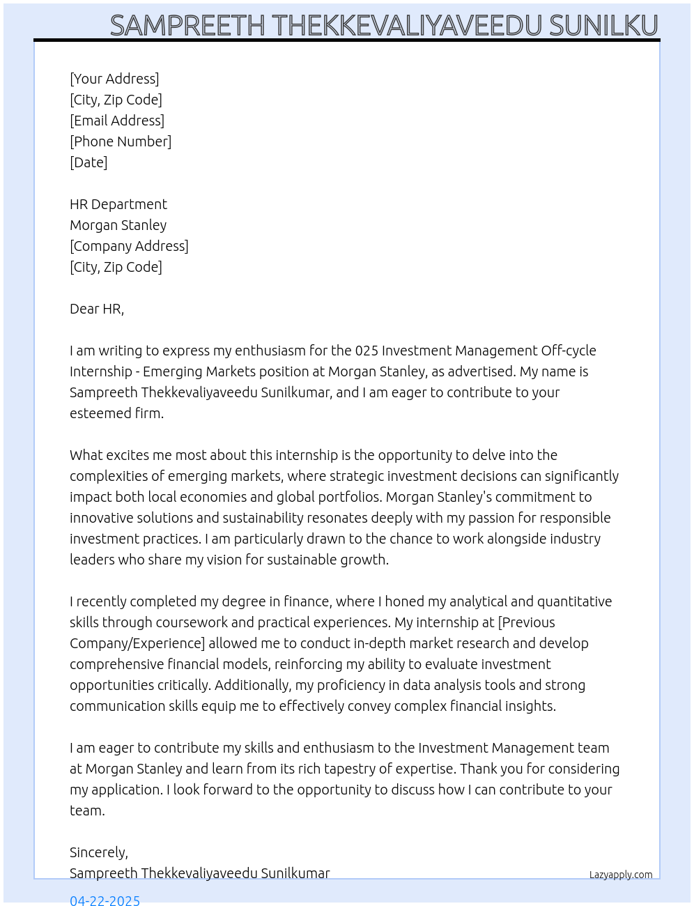 025 Investment Management Off-cycle Internship - Emerging Markets (London) At morgan stanley Cover Letter
