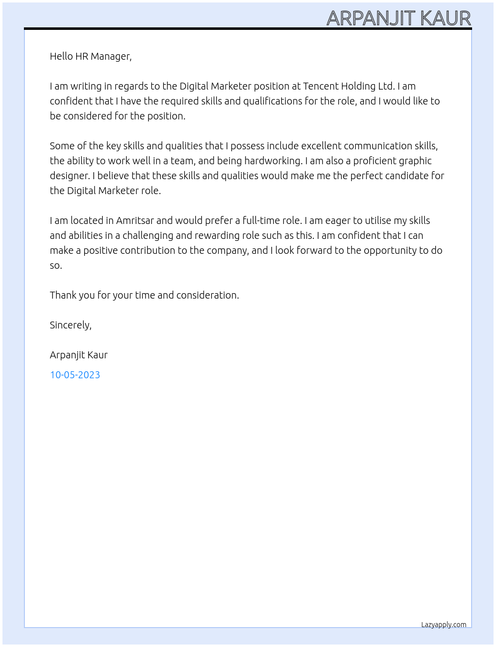 Digital Marketer At Tencent Holding Ltd Cover Letter