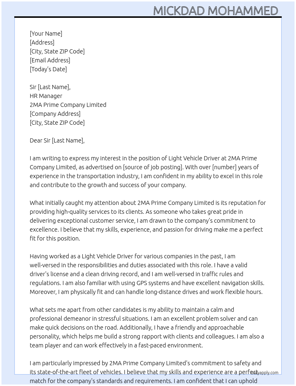 Light Vehicle Driver At 2MA Prime Company Limited Cover Letter