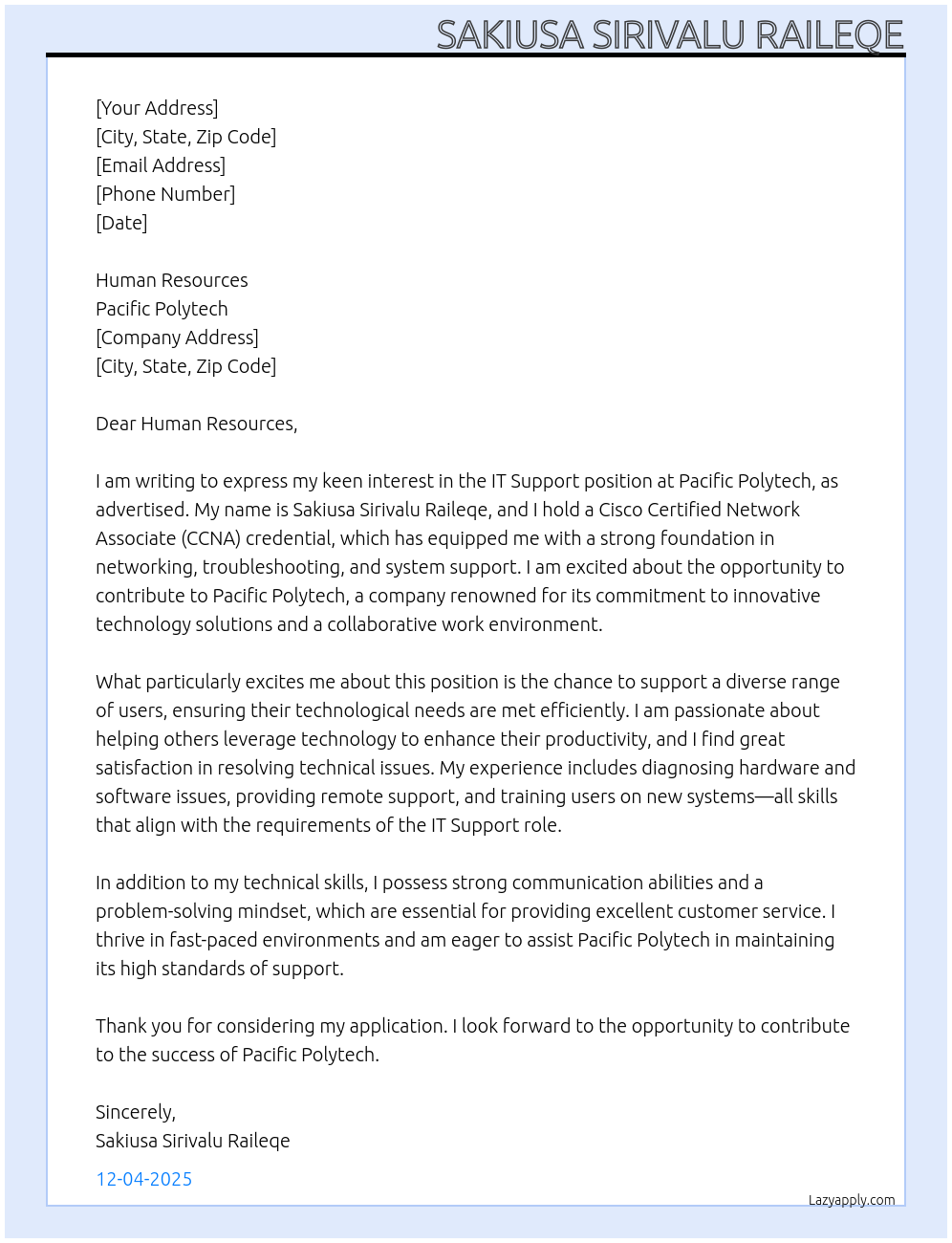 Cover letter for it support - LazyApply