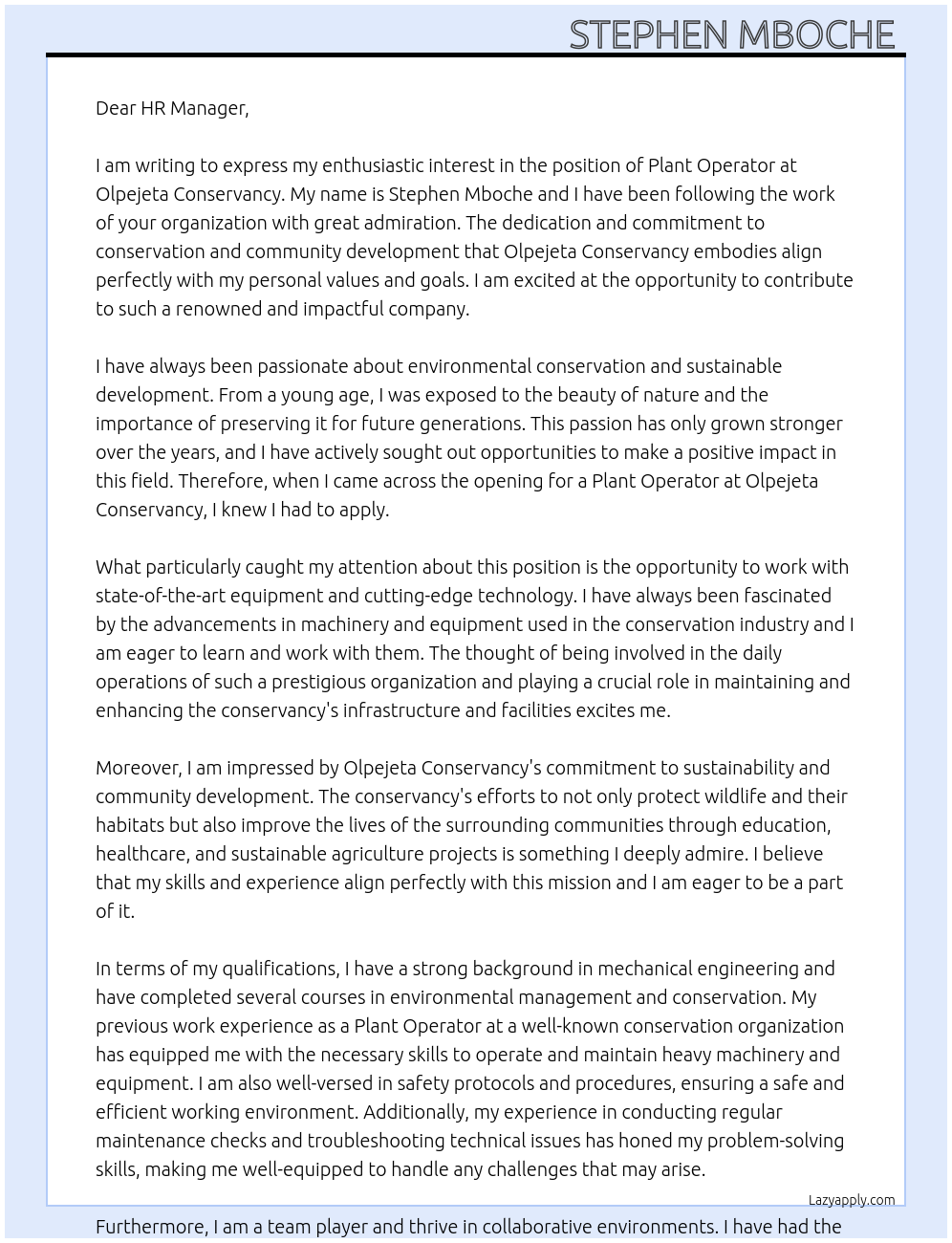 Plant operator At Olpejeta conservancy Cover Letter