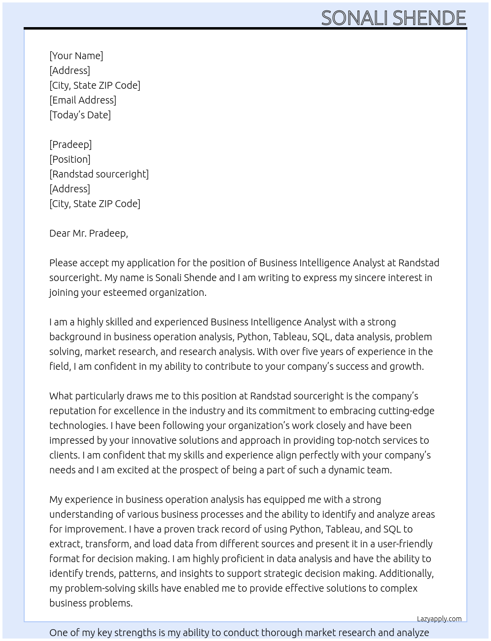 Business intelligence analyst At Randstad sourceright Cover Letter