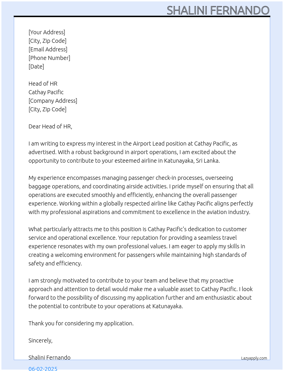 Airport Lead At Cathey Pacific  Cover Letter
