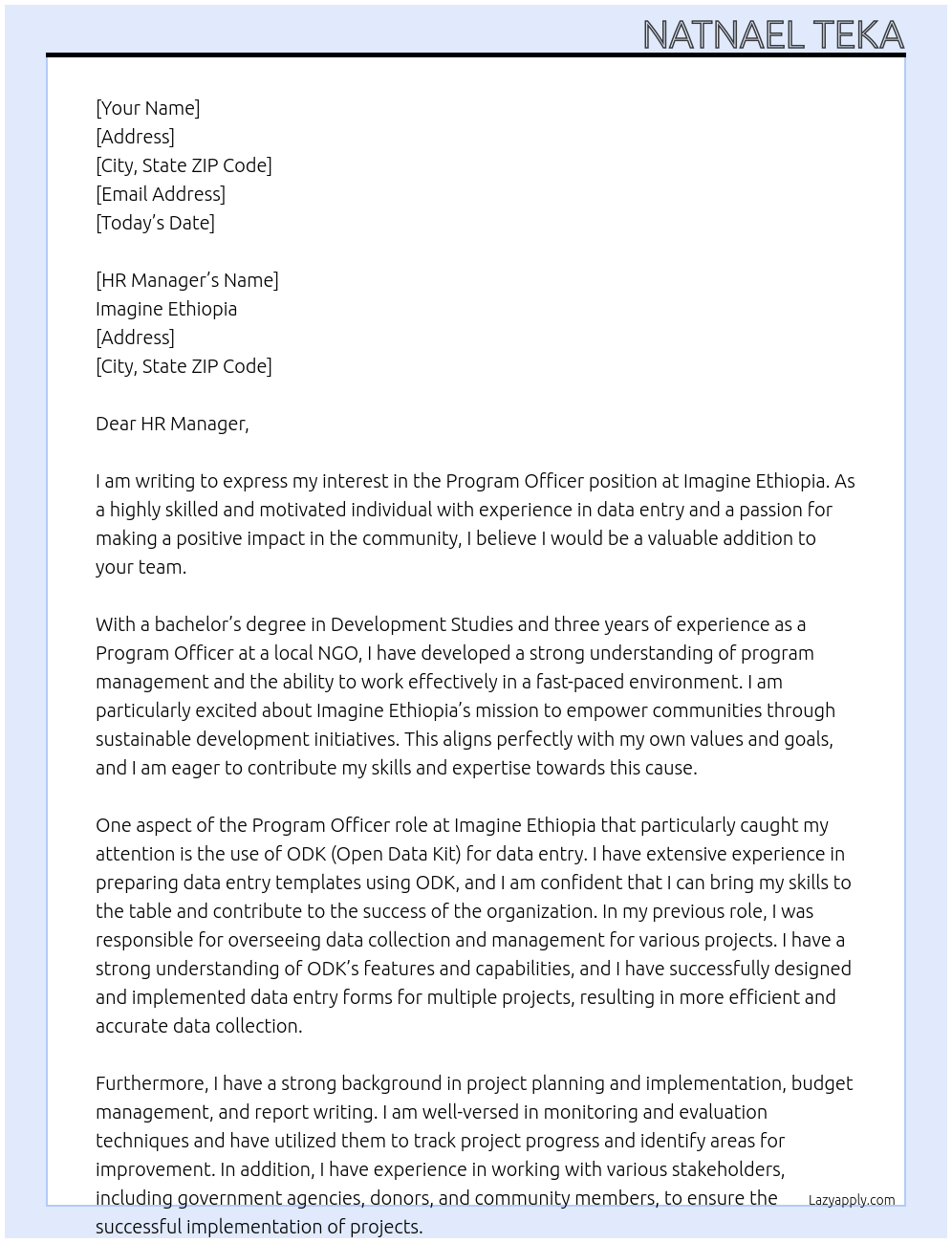 Program officer At Imagine Ethiopia Cover Letter