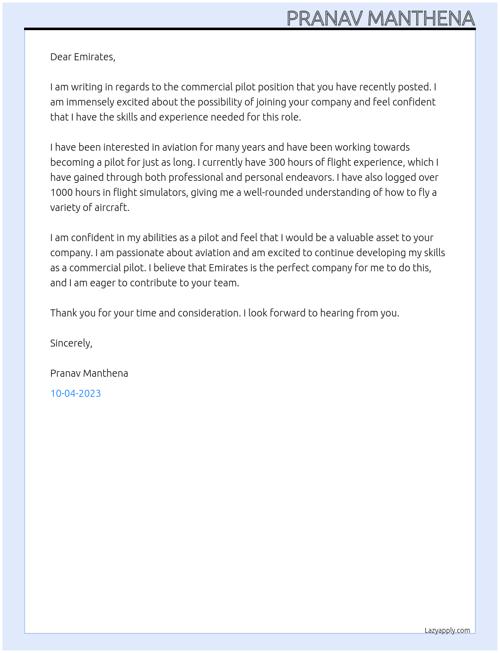 Commercial pilot At Emirates Cover Letter