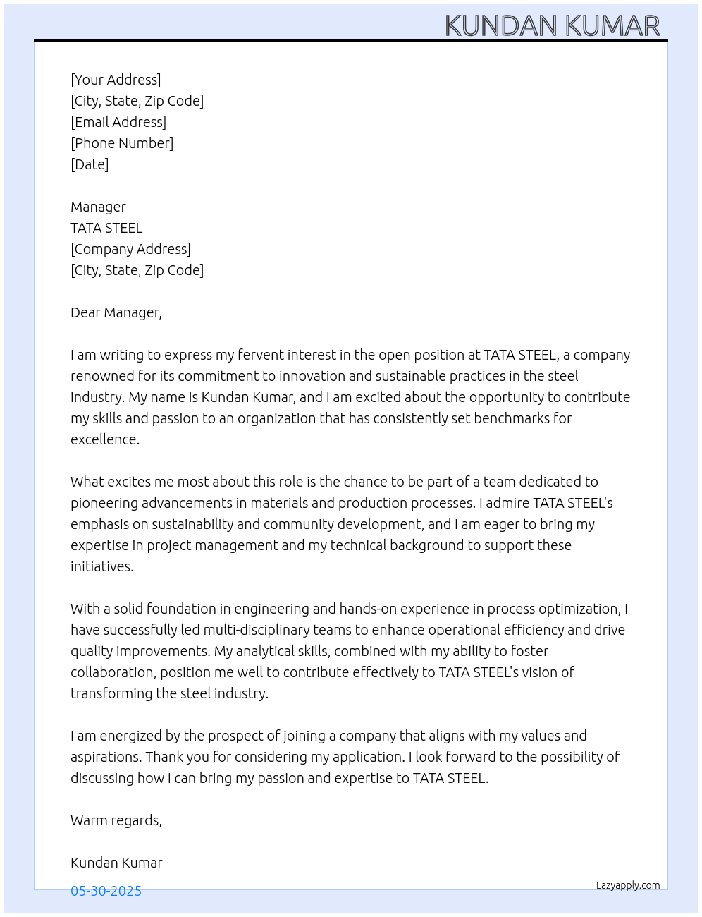 TATA STEEL At TATA STEEL Cover Letter