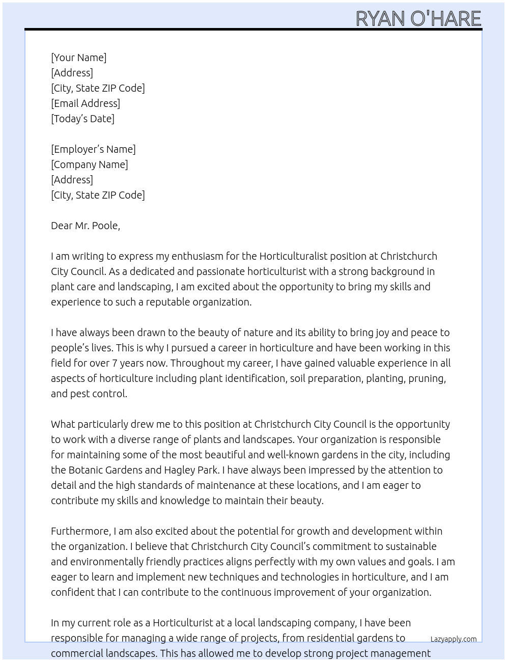 Horticulturalist At Christchurch City Council Cover Letter