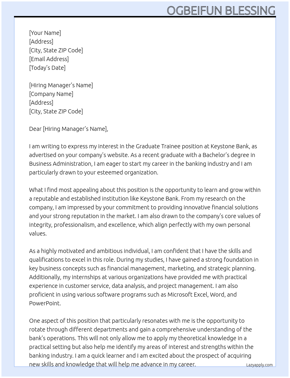 Cover letter for graduatee trainee - LazyApply