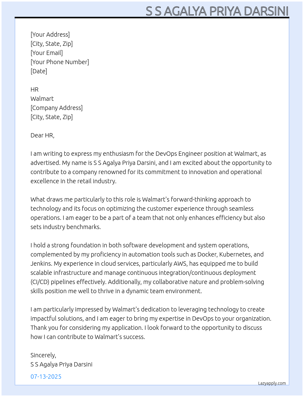 Devops engineer At WALMART Cover Letter