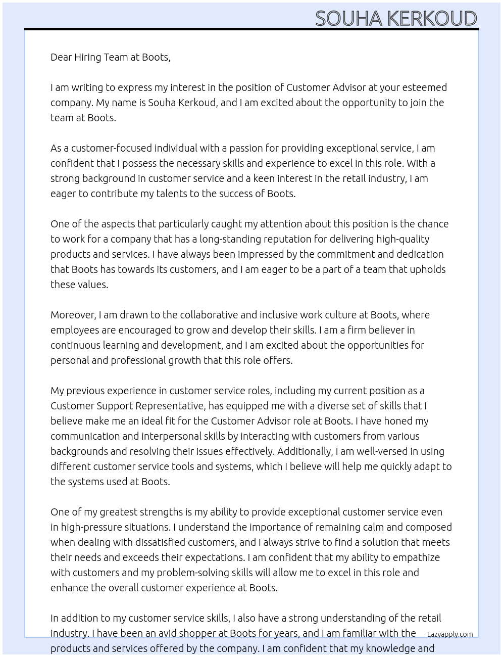 Customer Advisor  At Boots  Cover Letter