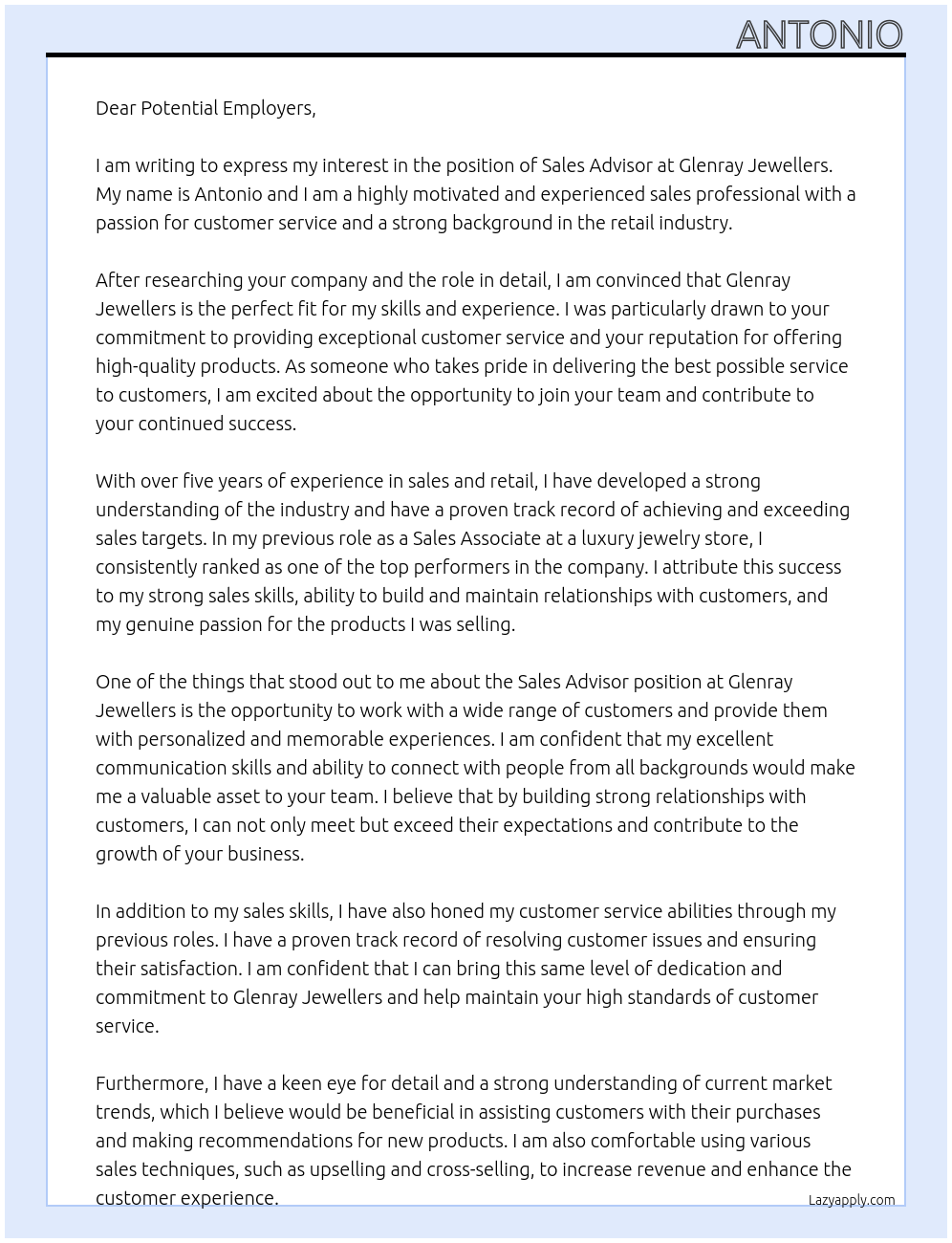 Sales Advisor At Glenray Jewellers Cover Letter