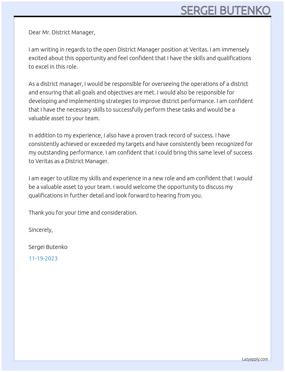 District Manager At Veritas Cover Letter