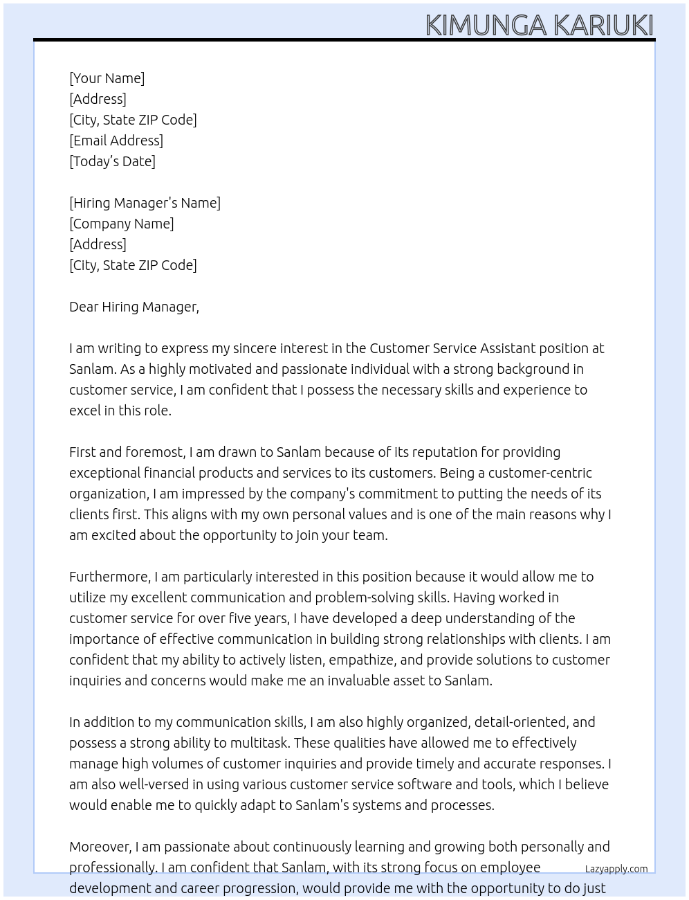 Customer Service Assistant At Sanlam Cover Letter