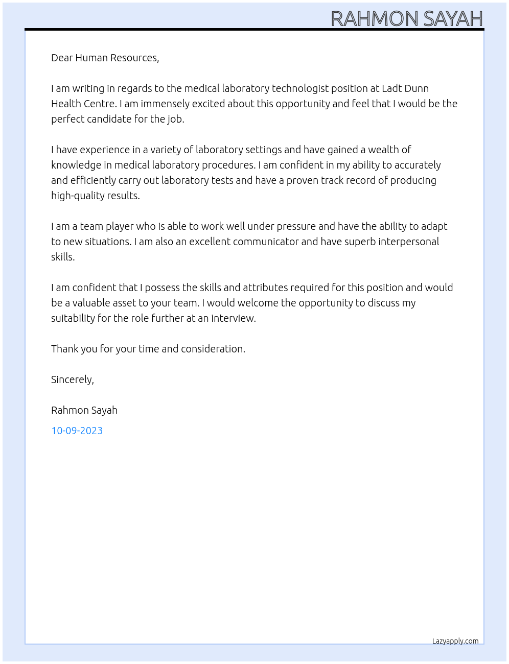 Medical laboratory technologist At Ladt dunn health centre Cover Letter