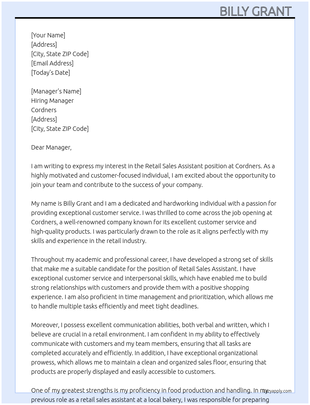 Retail sales assistant At Cordners Cover Letter