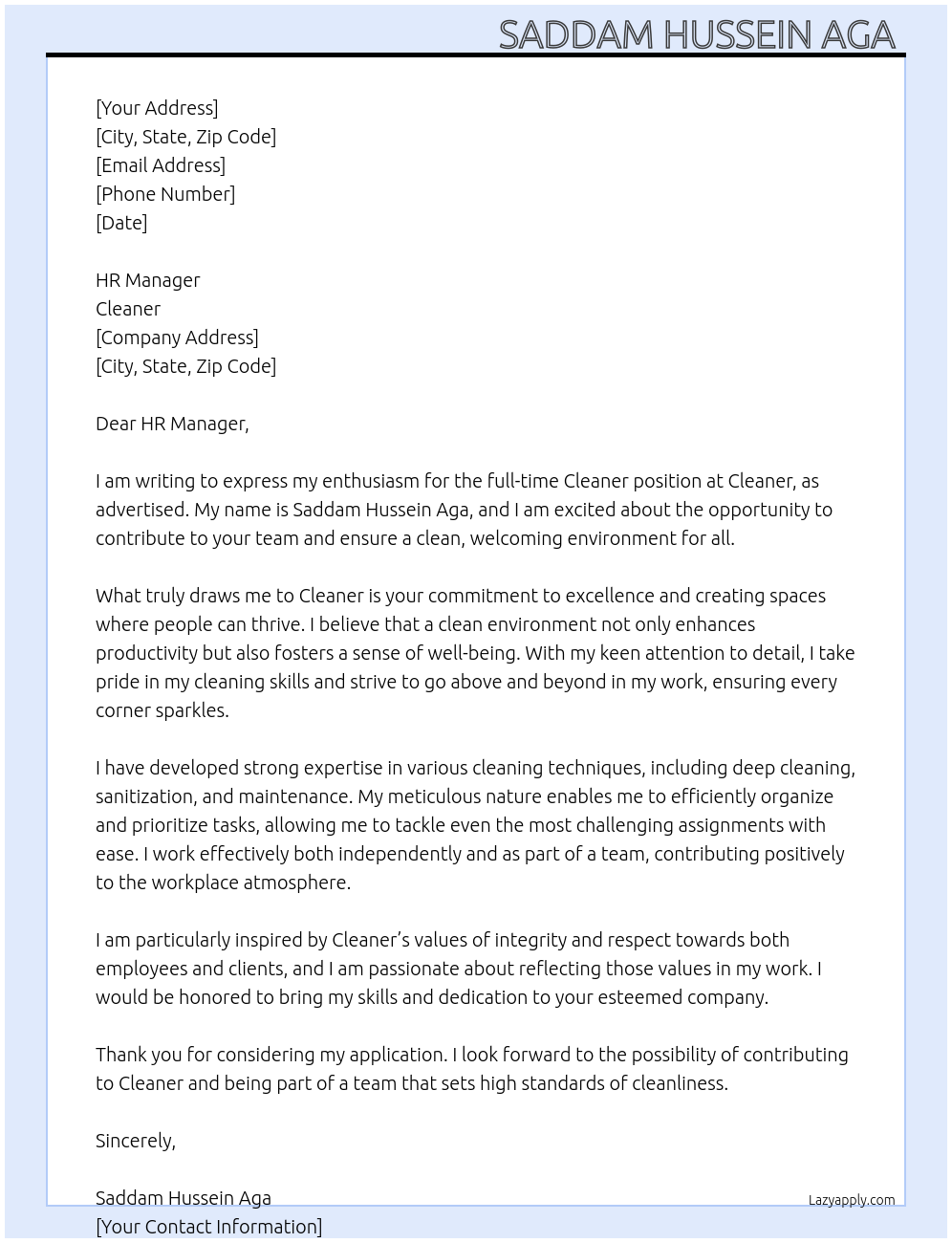 Cleaner  At Cleaner  Cover Letter