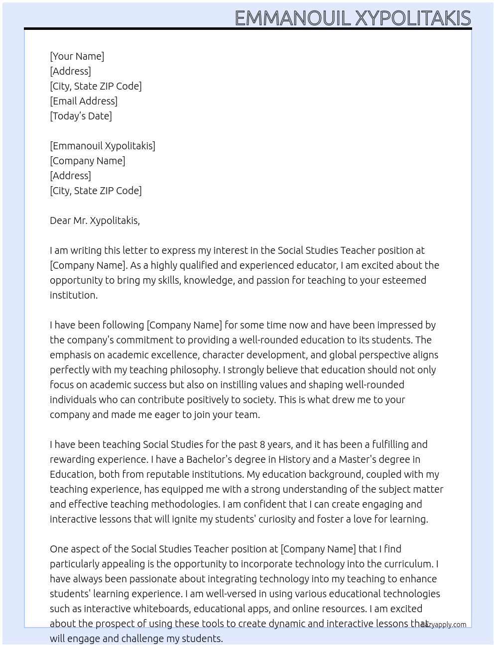 Social studies teacher At Emmanouil Cover Letter