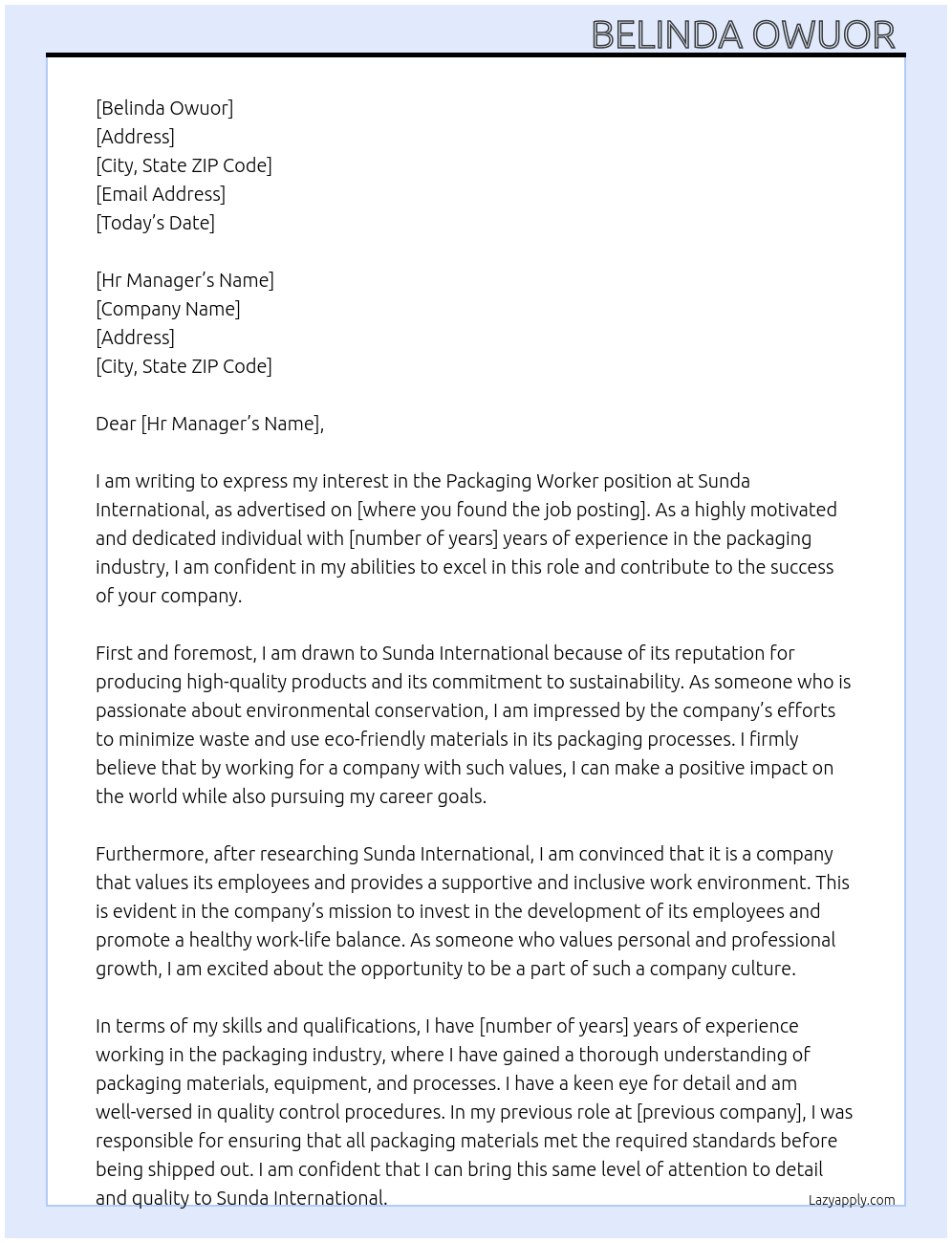 Packaging worker At Sunda International  Cover Letter