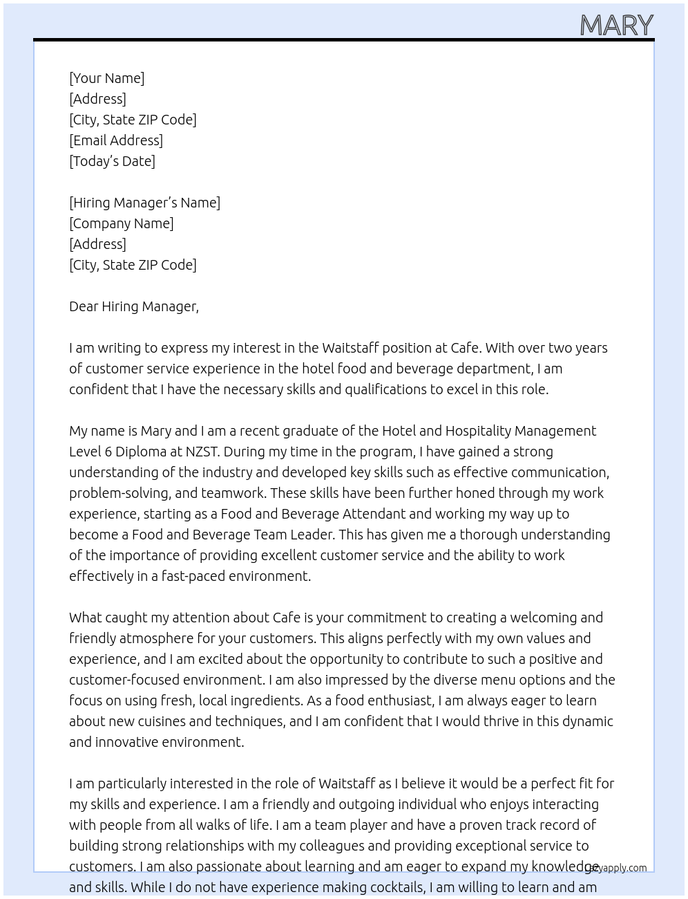 waitstaff At Cafe Cover Letter