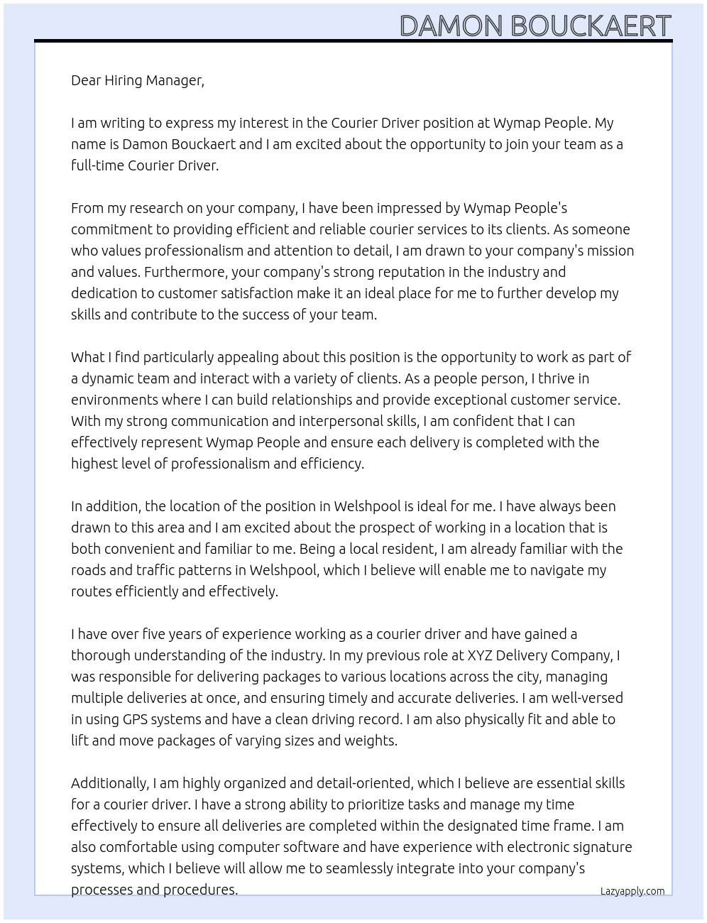 Courier Driver At Wymap People Cover Letter