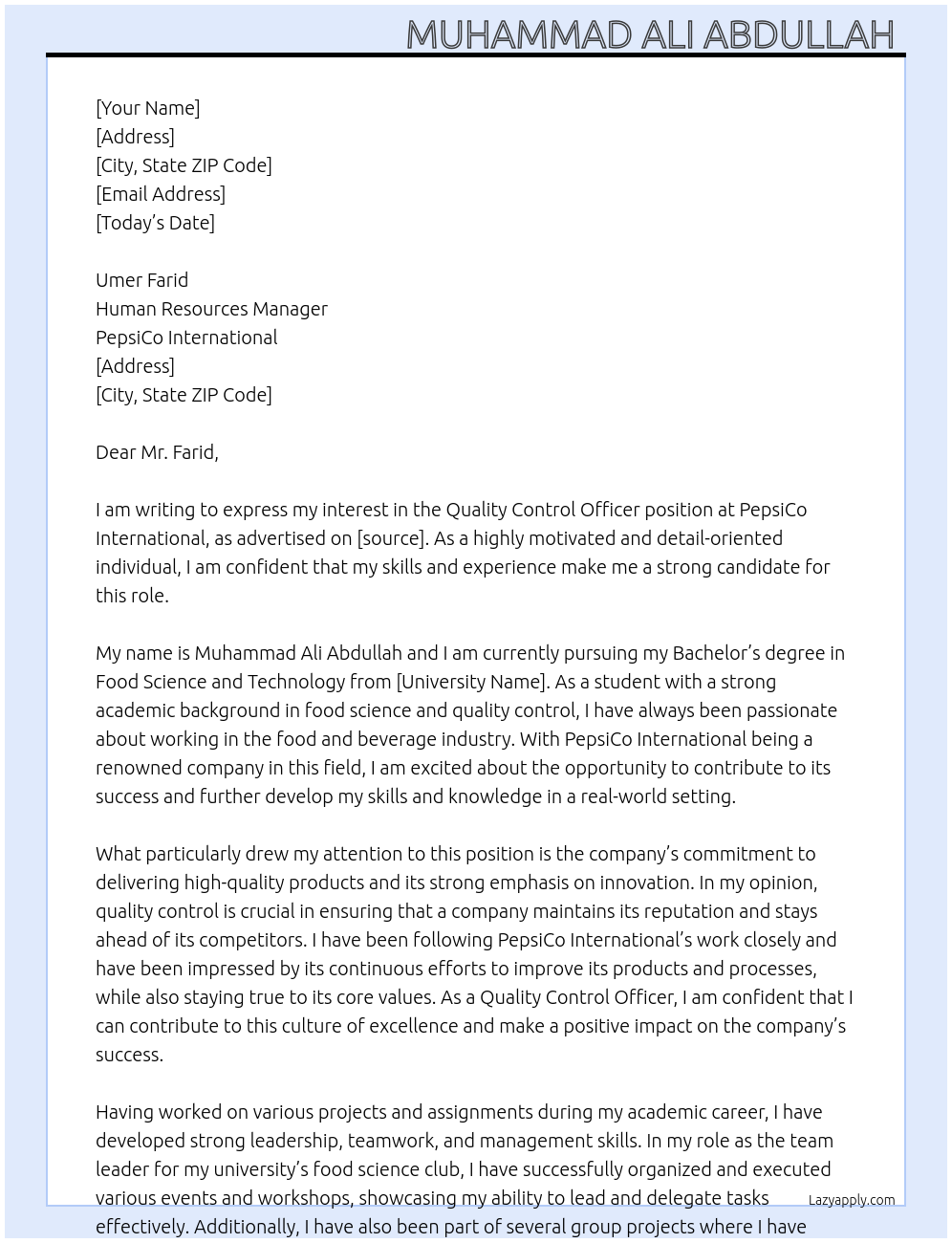 Quality Control Officer At PepsiCo International Cover Letter